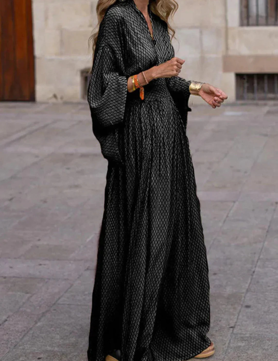 Vestido largo con estampado geométrico para mujer, mangas largas y escote en V