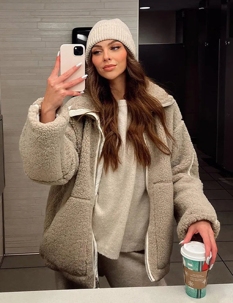 Chaqueta polar extragrande para mujer con cremallera frontal y cuello alto