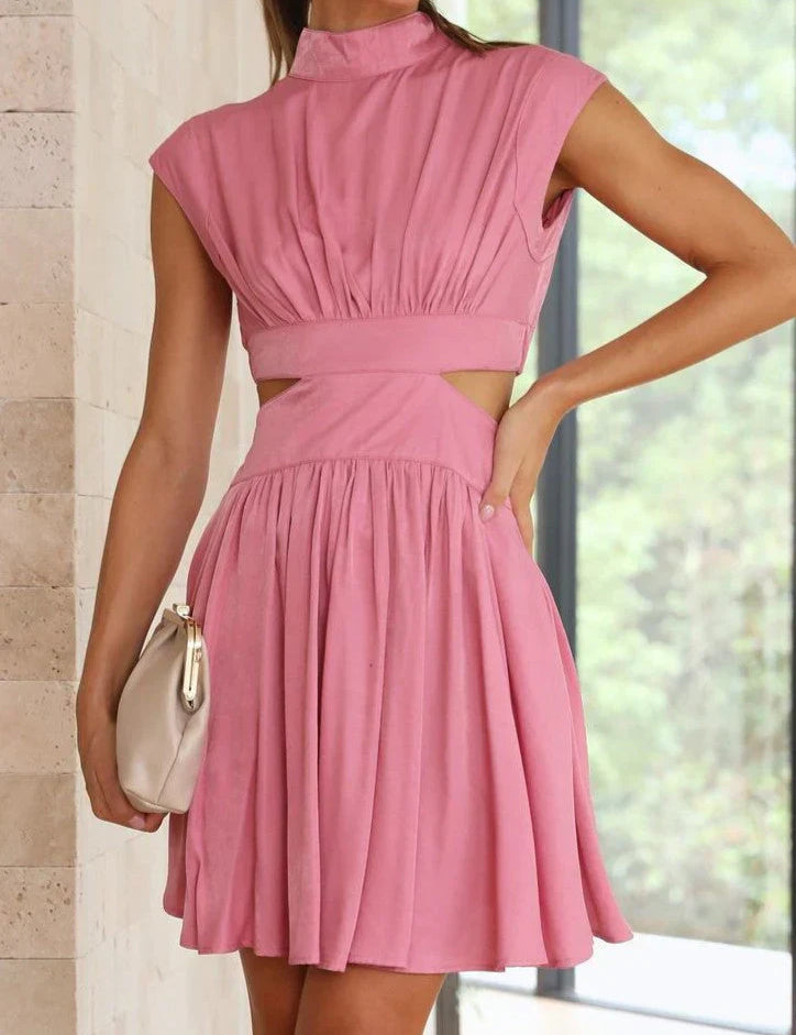 Women's High Neck Cutout Mini Dress with Pleated Skirt
