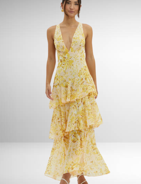 Vestido largo sin mangas con capas para mujer, escote en V profundo y bajo con volantes