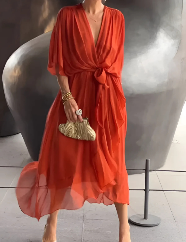 Vestido midi ligero con cuello en V y mangas drapeadas para mujer