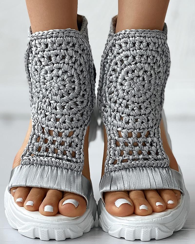 Sandalias de plataforma para mujer con parte superior de punto de crochet y punta abierta