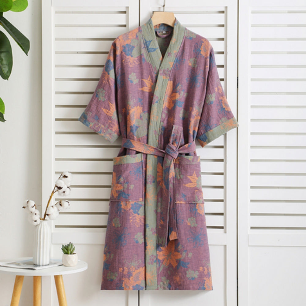 Bata de baño estilo kimono floral para mujer con cinturón y bolsillos