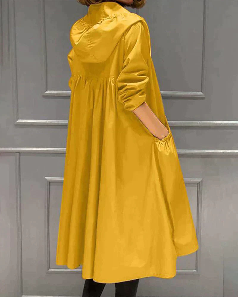 Impermeable largo con capucha y cremallera para mujer