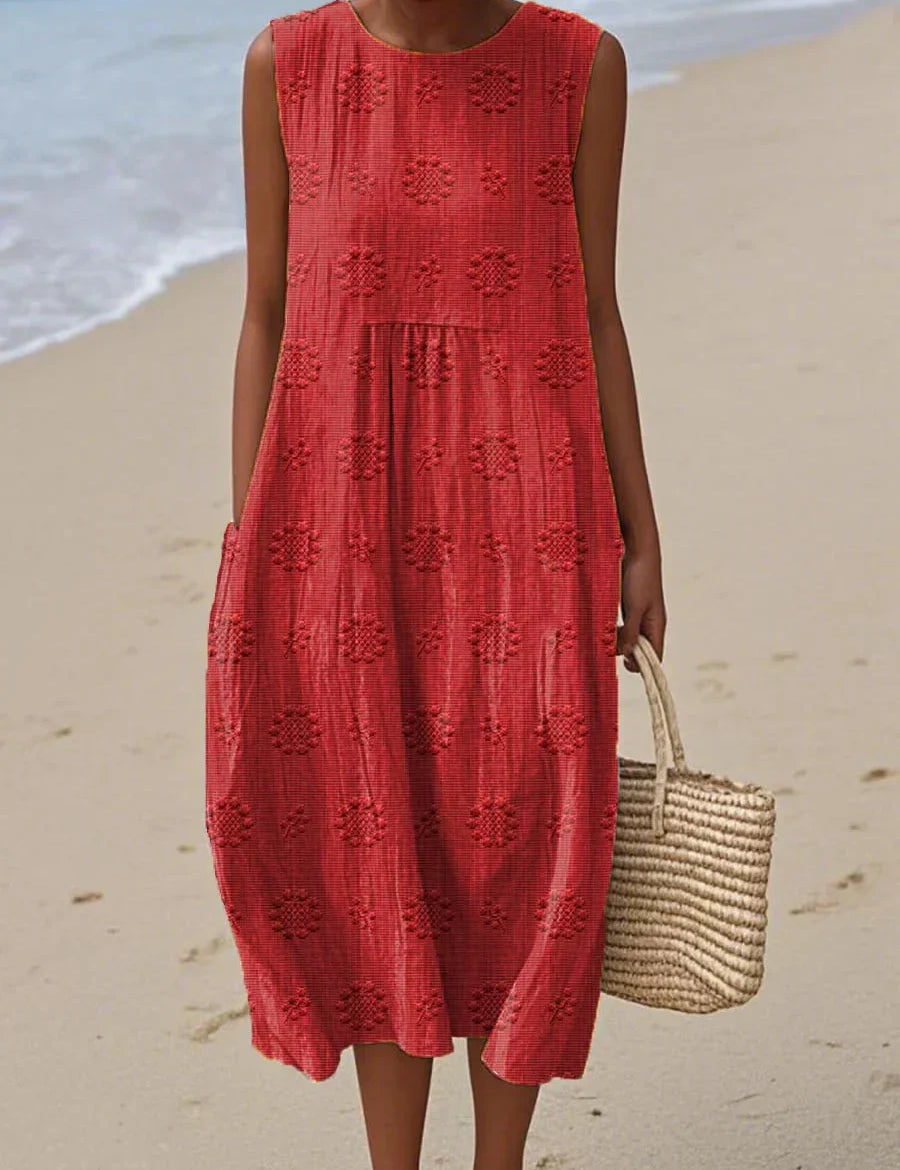 Vestido midi bordado sin mangas para mujer con corte relajado