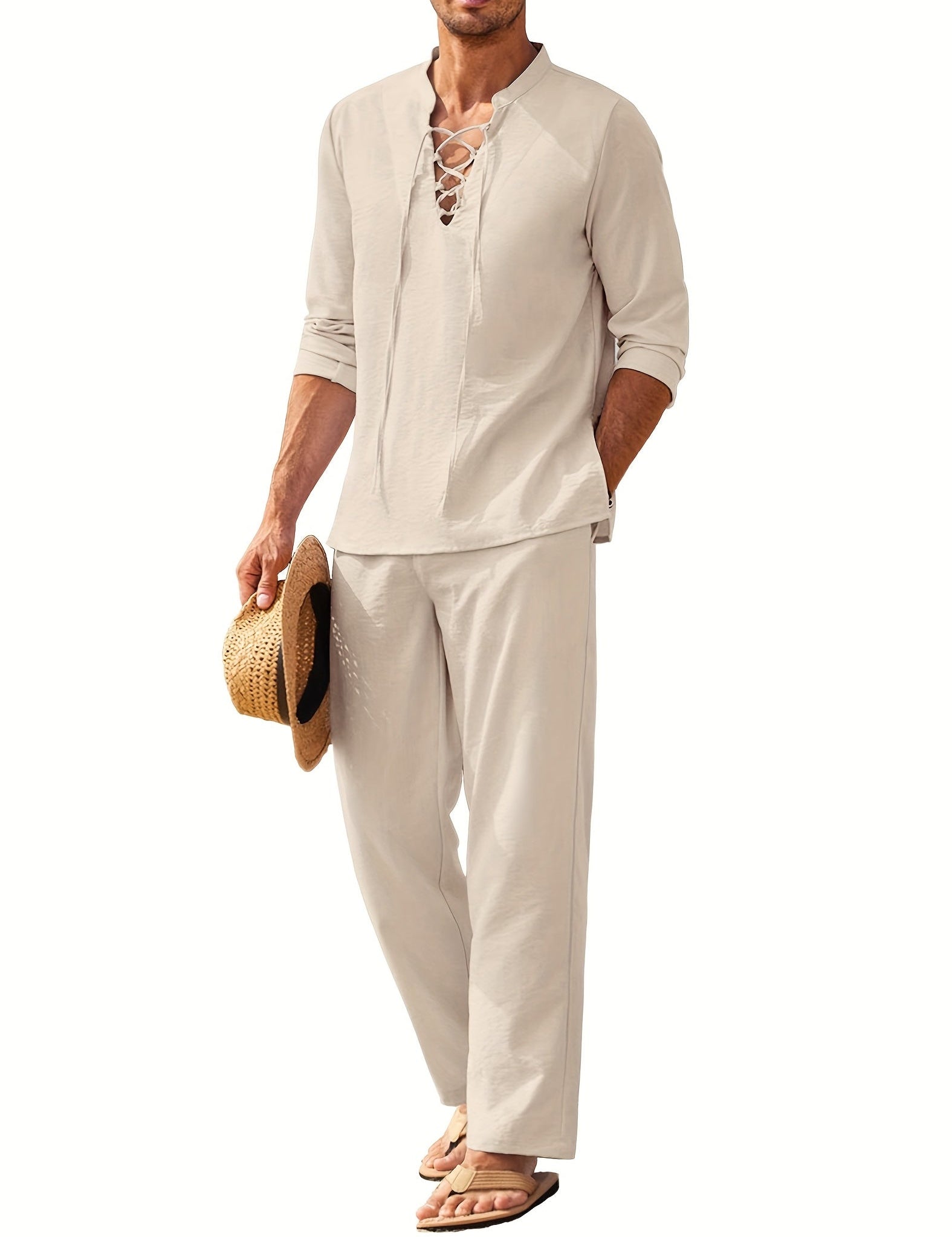 Conjunto de dos piezas de camisa de manga larga con cordones y pantalones holgados para hombre