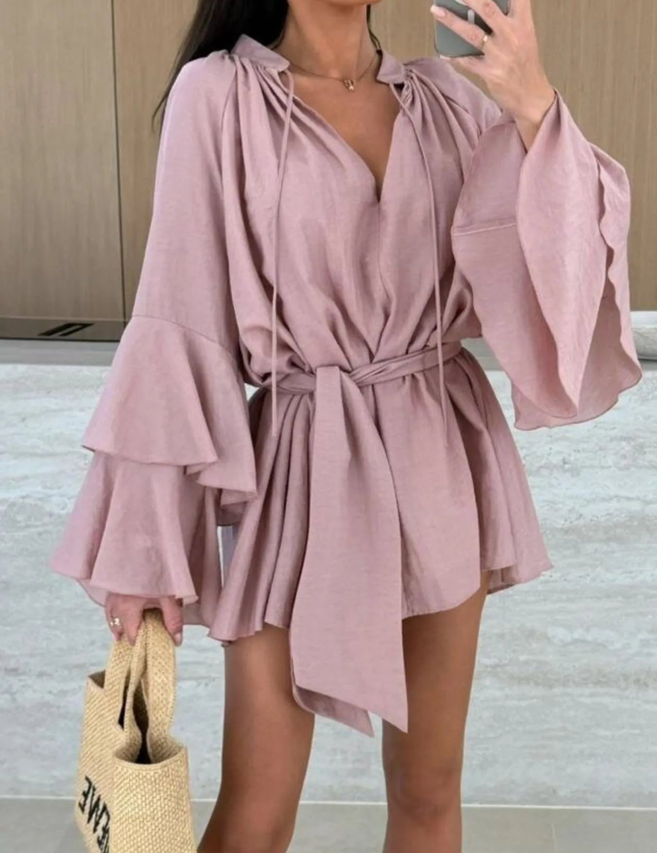 Women's V-Neck Mini Dress with Tiered Sleeves and Waist Tie Detail