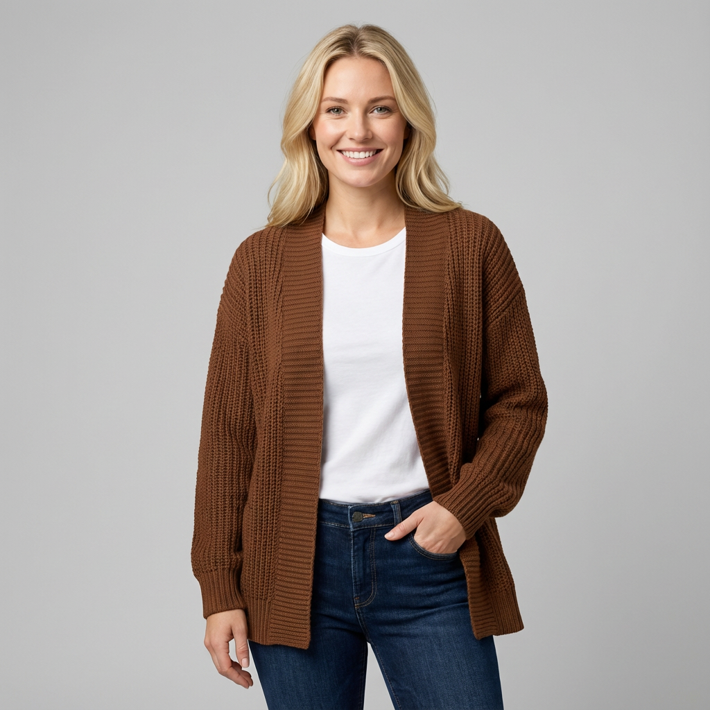 Cárdigan de punto de manga larga para mujer con corte holgado y abierto al frente