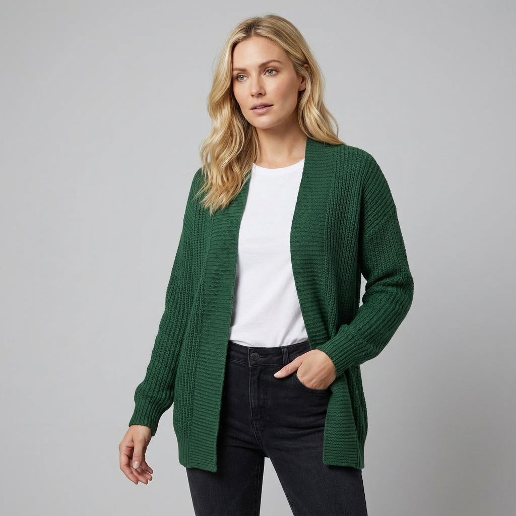 Cárdigan de punto de manga larga para mujer con corte holgado y abierto al frente