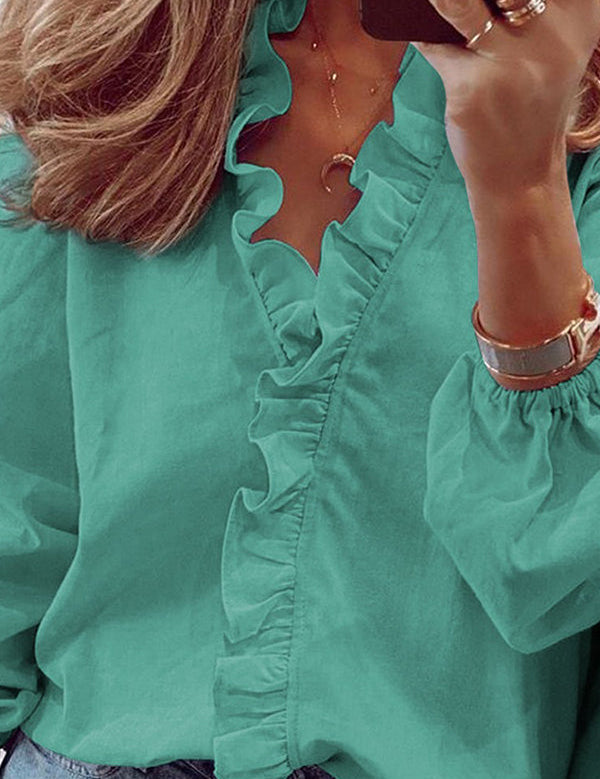 Blusa de manga larga con cuello en V para mujer, ribete de volantes y mangas abullonadas