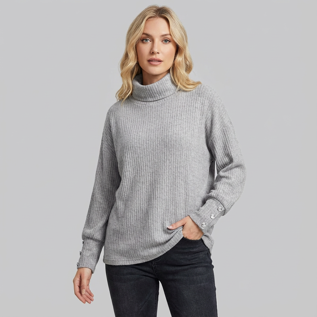 Jersey de cuello alto para mujer con detalle de botones en las mangas y corte holgado