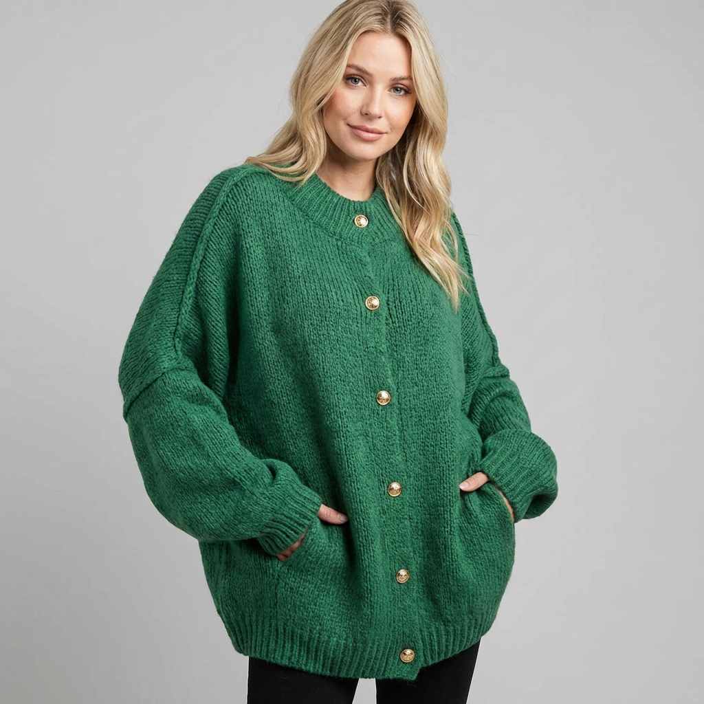 Cárdigan de mujer con mangas murciélago, solapa y detalle de botones metálicos