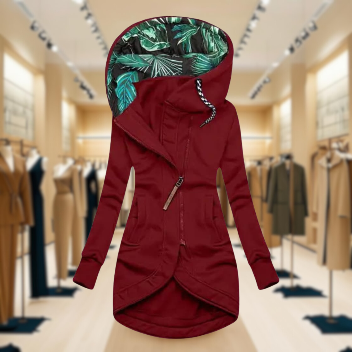 Chaqueta ligera impermeable para mujer con capucha y cremallera asimétrica