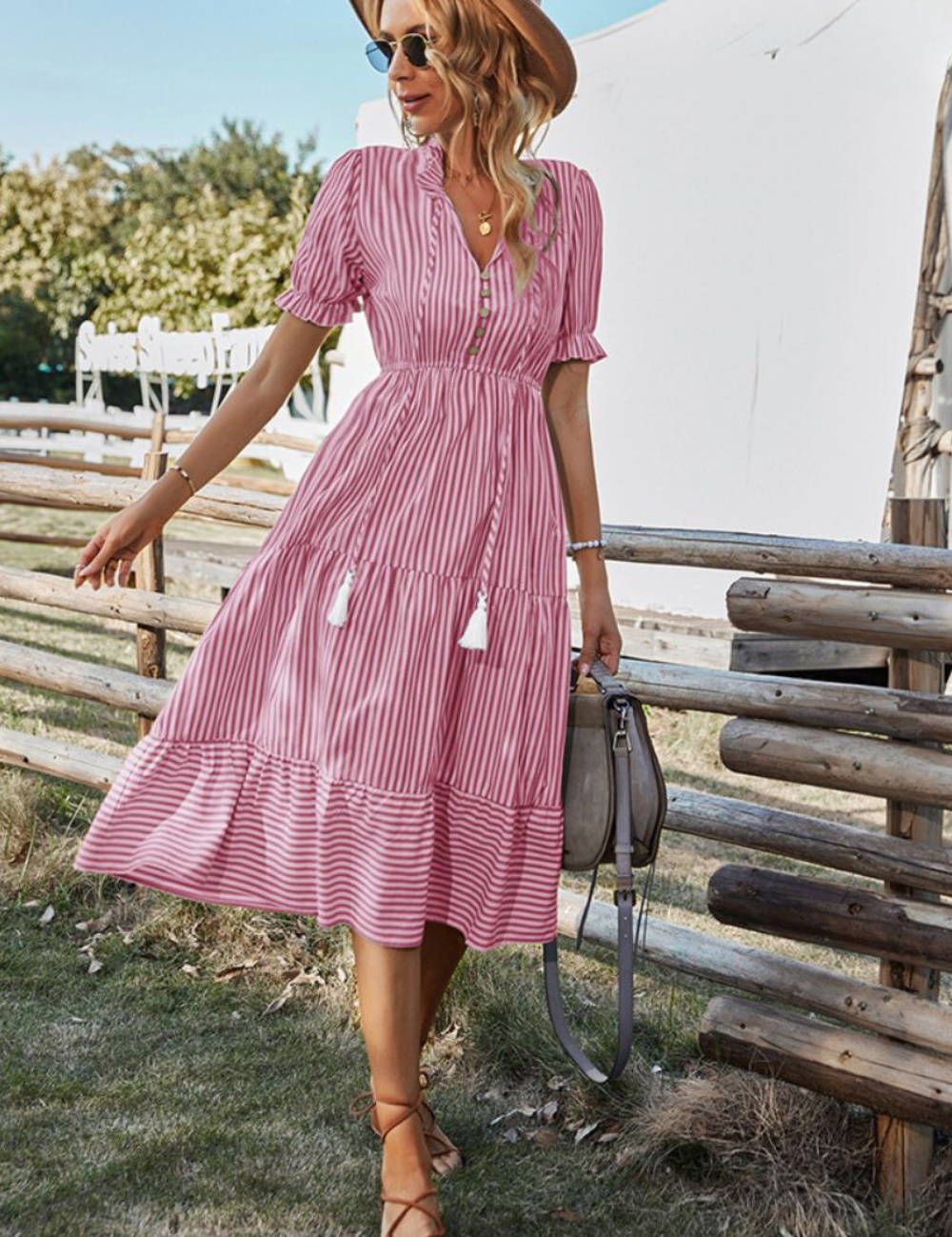 Vestido midi de rayas para mujer con mangas abullonadas y escote en pico delantero