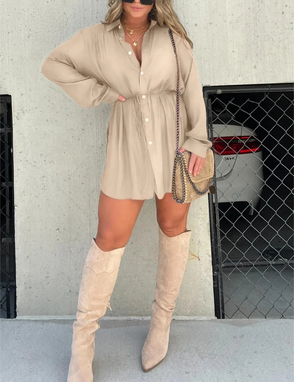 Women's Button-Down Mini Dress with Tie Waist and Long Sleeves