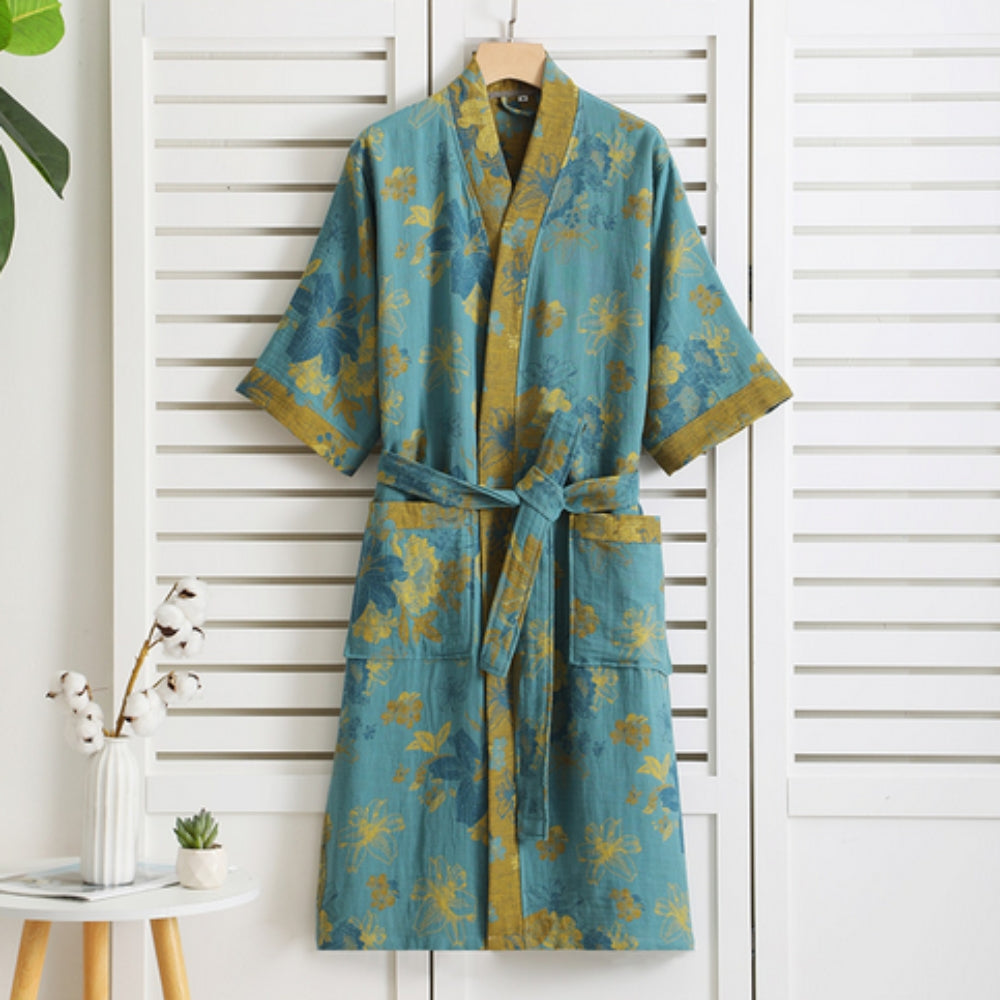 Bata de baño estilo kimono floral para mujer con cinturón y bolsillos