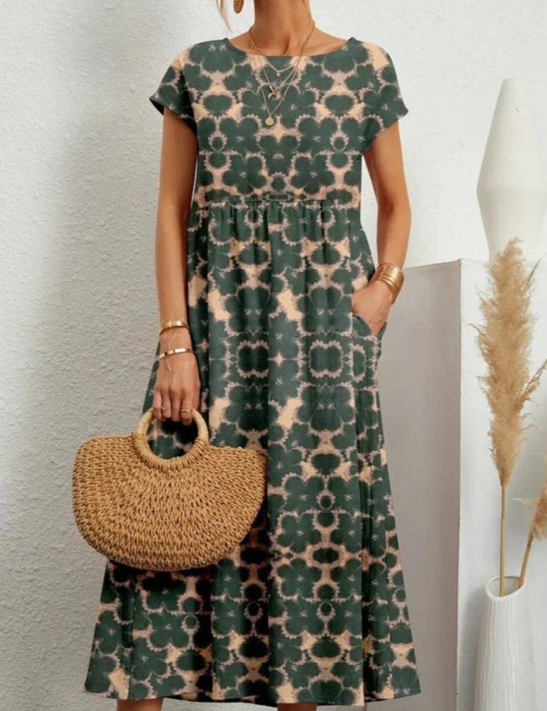 Vestido largo bohemio floral para mujer con mangas cortas y bolsillos laterales