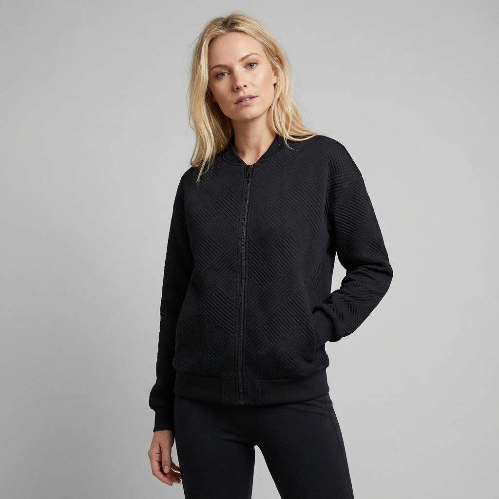 Cárdigan texturizado con cremallera para mujer, dobladillo acanalado y mangas largas