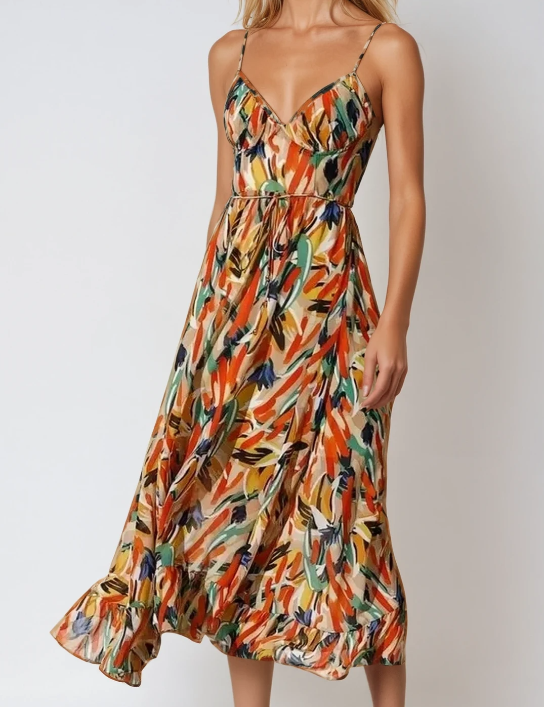 Vestido midi floral con escote en V y volantes para mujer