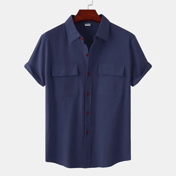 Camisa informal de manga corta para hombre con bolsillos delanteros y cierre de botones