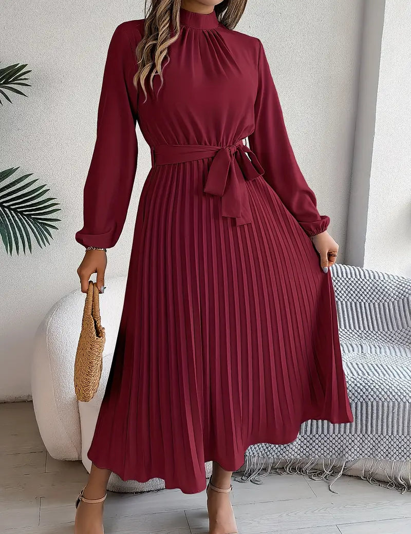 Vestido midi plisado elegante para mujer con cinturón