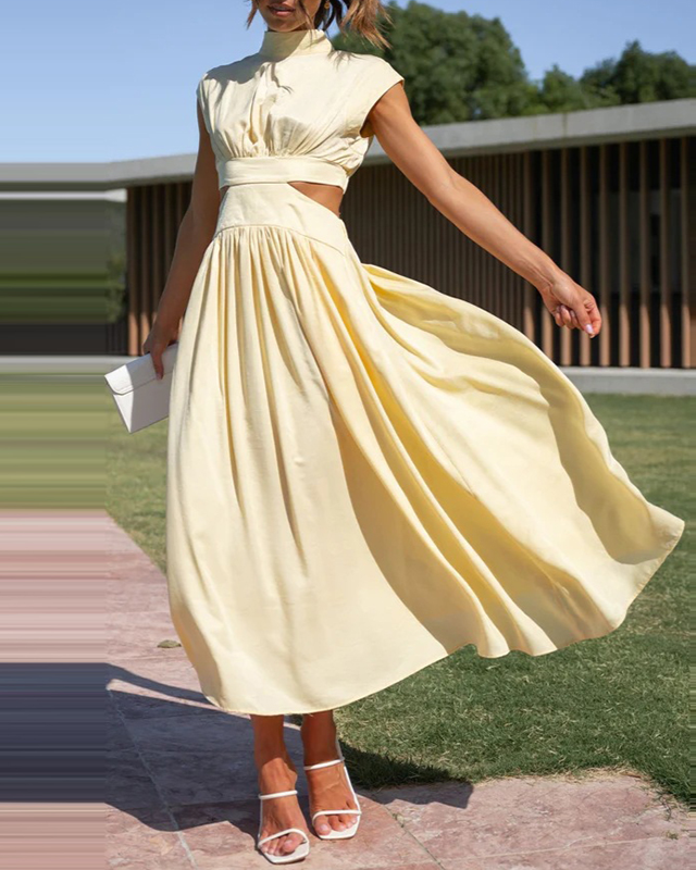 Vestido midi plisado sin mangas con cuello alto para mujer