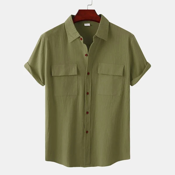 Camisa informal de manga corta para hombre con bolsillos delanteros y cierre de botones