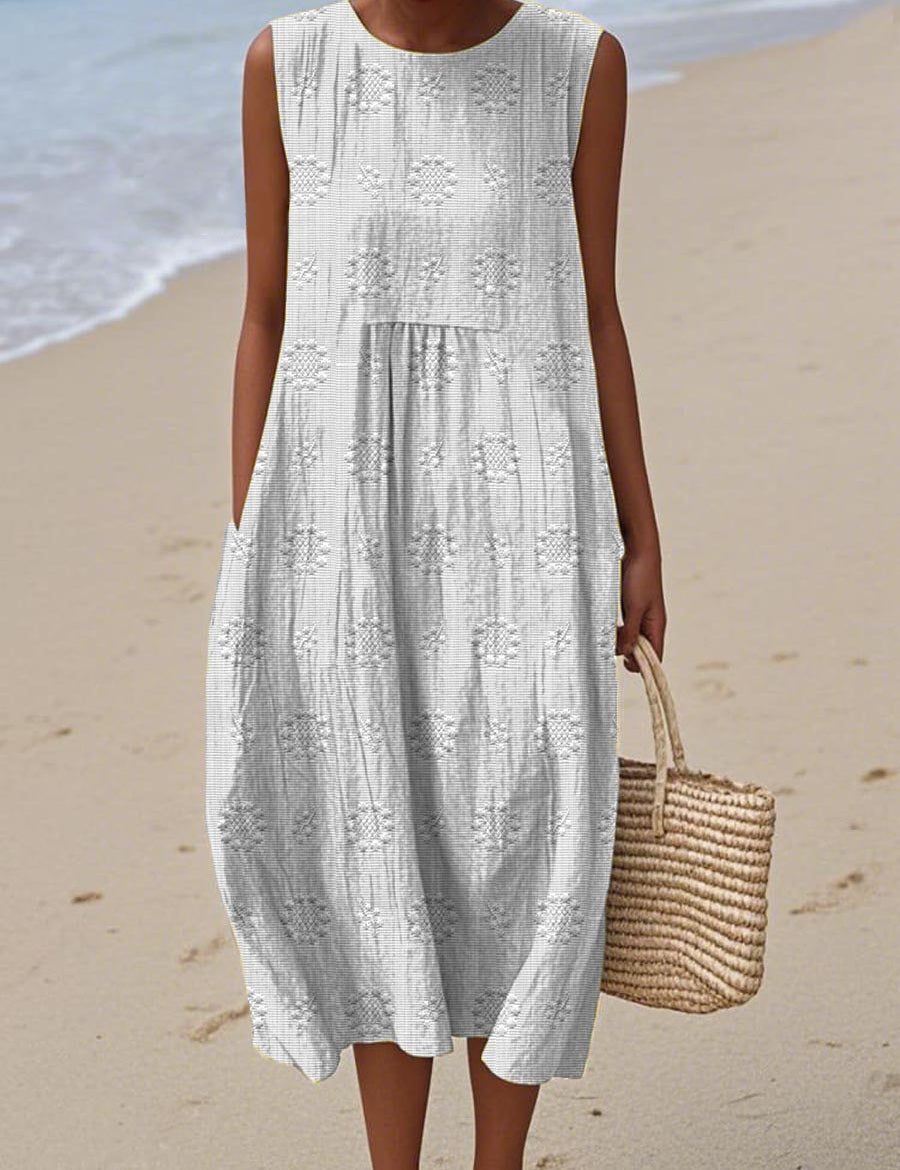 Vestido midi bordado sin mangas para mujer con corte relajado