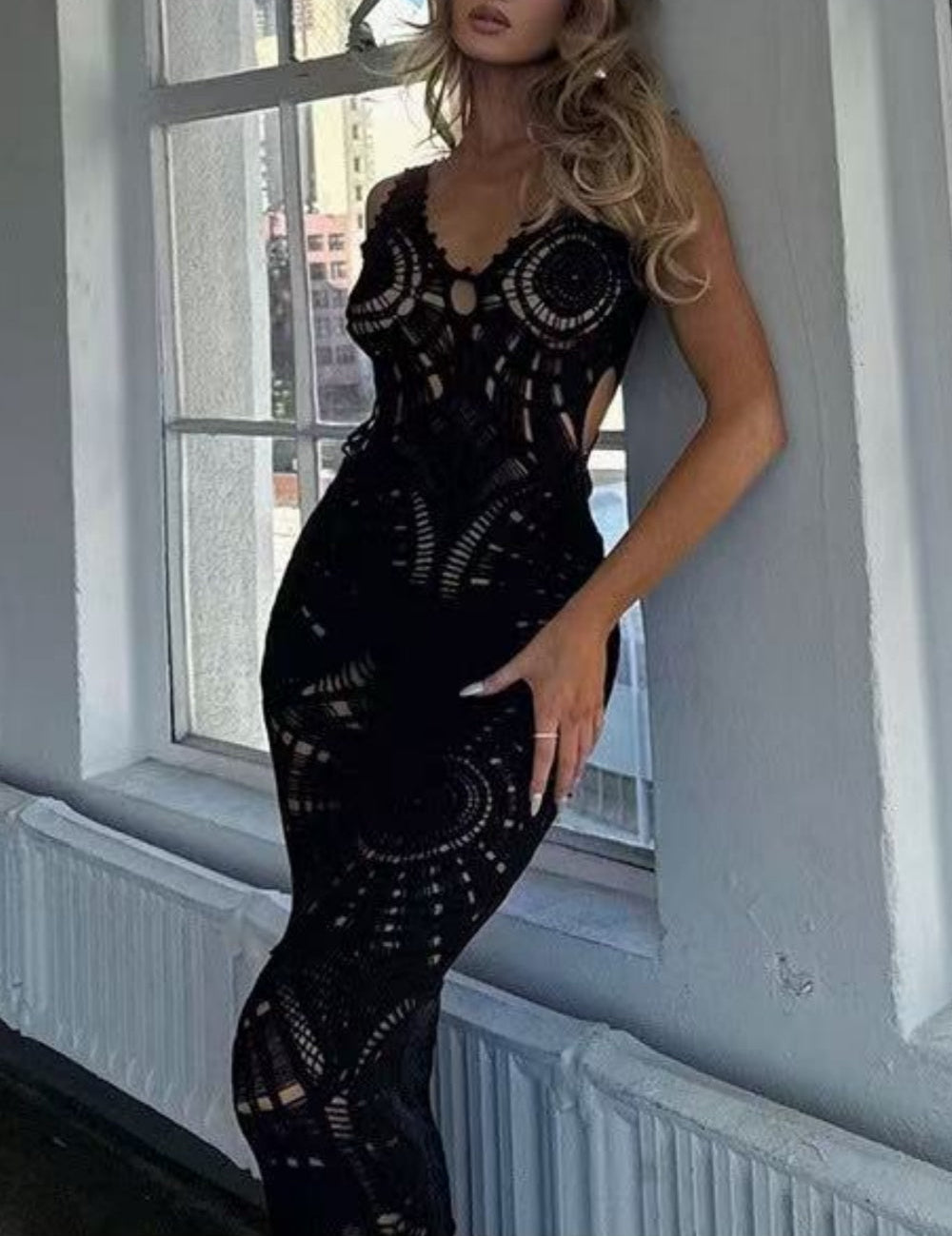 Vestido playero largo de crochet para mujer con escote en V y diseño calado