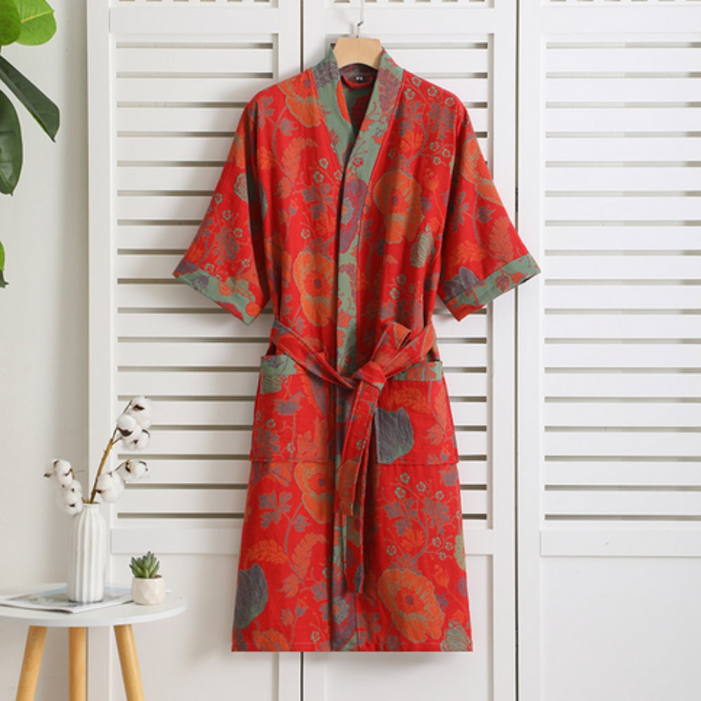 Bata de baño estilo kimono floral para mujer con cinturón y bolsillos