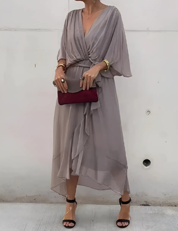 Vestido midi ligero con cuello en V y mangas drapeadas para mujer