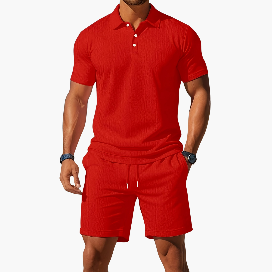 Conjunto de polo y pantalón corto de manga corta para hombre con cintura con cordón
