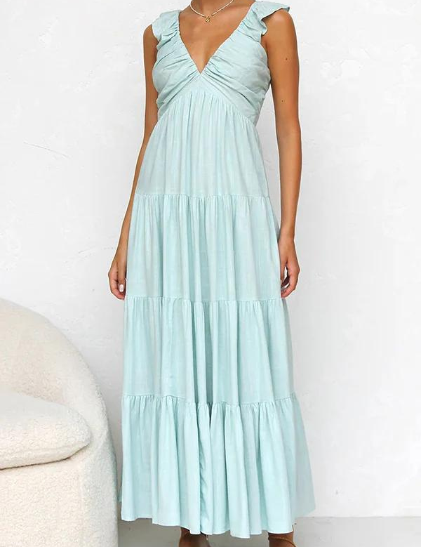 Vestido largo con escote en V y mangas con volantes para mujer