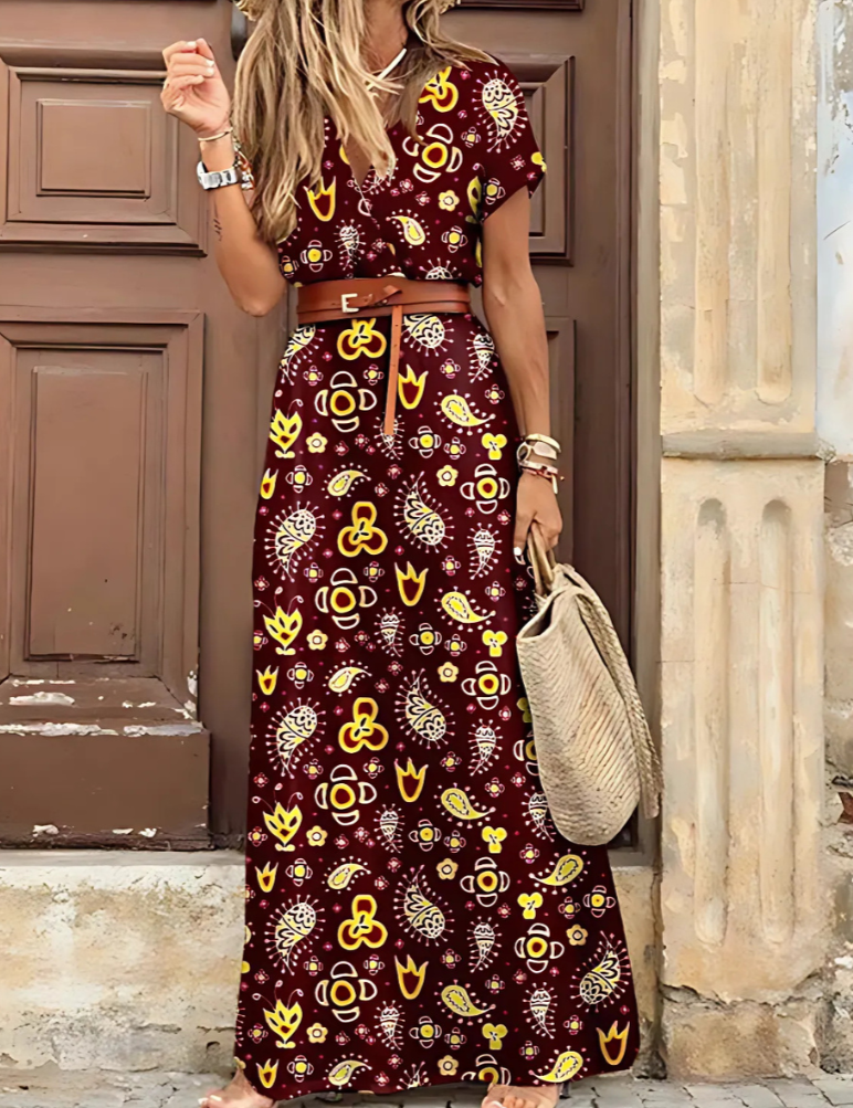 Vestido largo bohemio para mujer con mangas cortas y abertura lateral