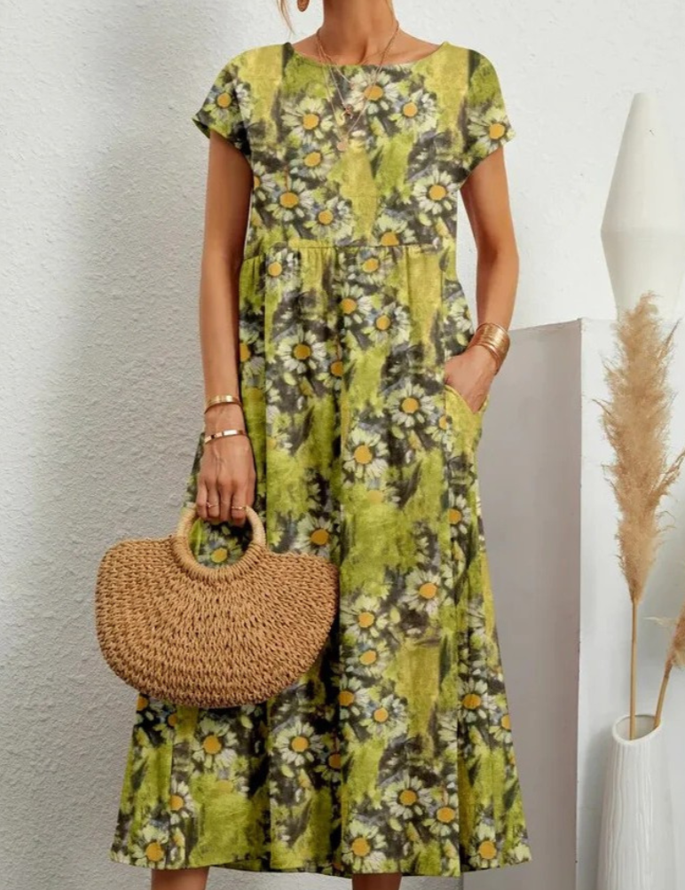 Vestido largo bohemio floral para mujer con mangas cortas y bolsillos laterales