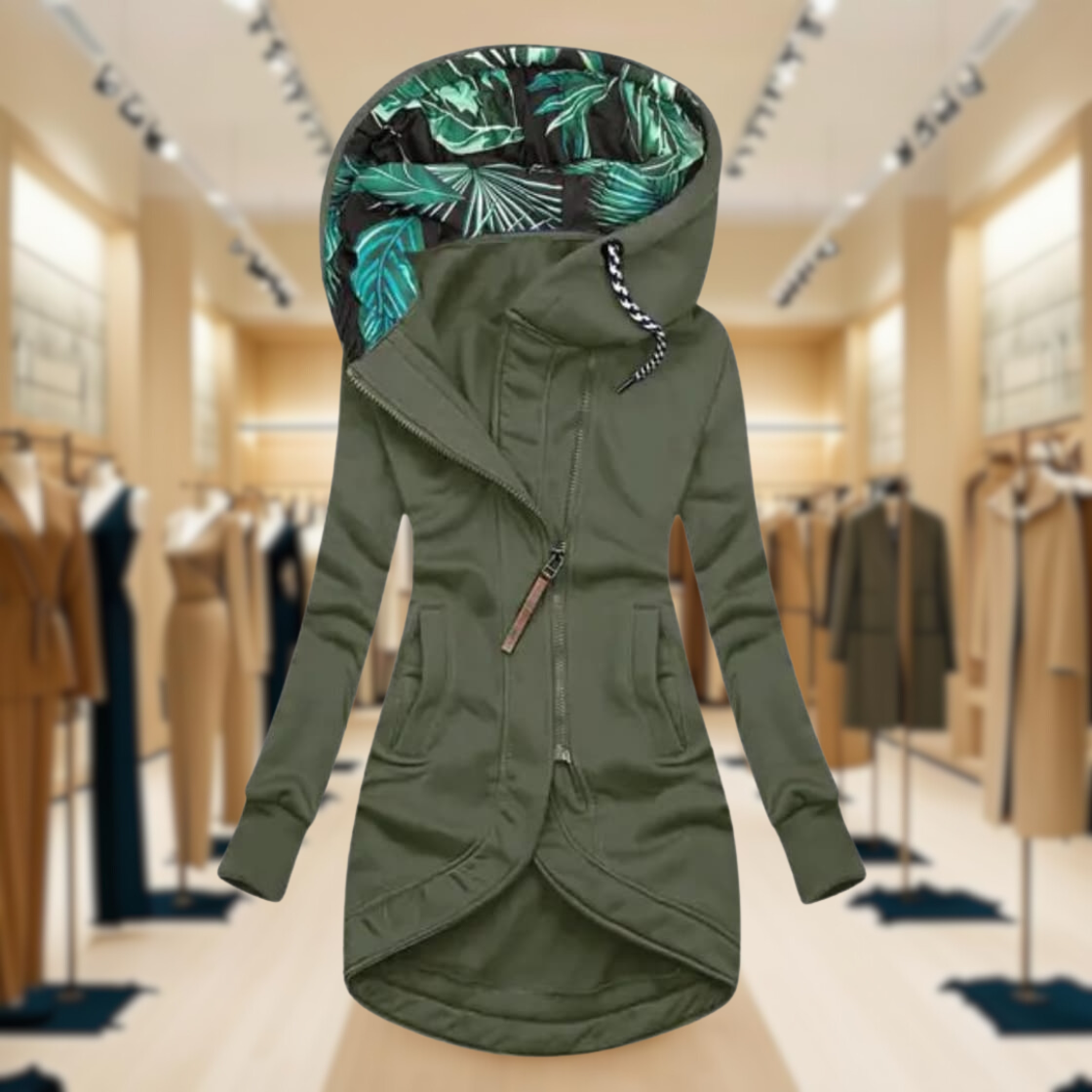 Chaqueta ligera impermeable para mujer con capucha y cremallera asimétrica