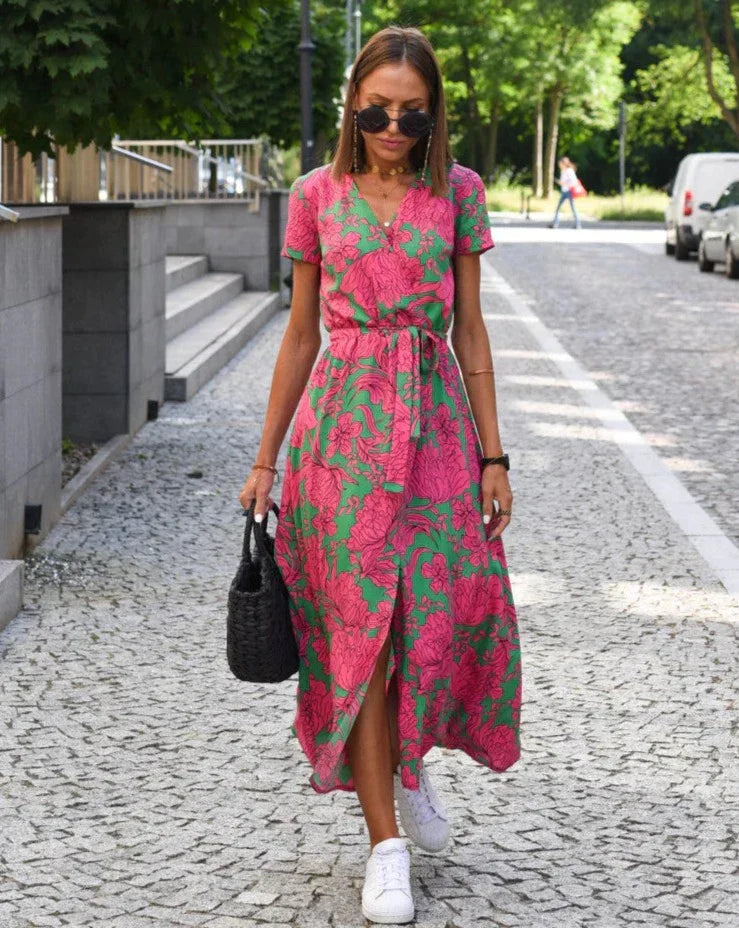 Vestido cruzado de verano para mujer – Estampado floral, escote en V, informal, midi
