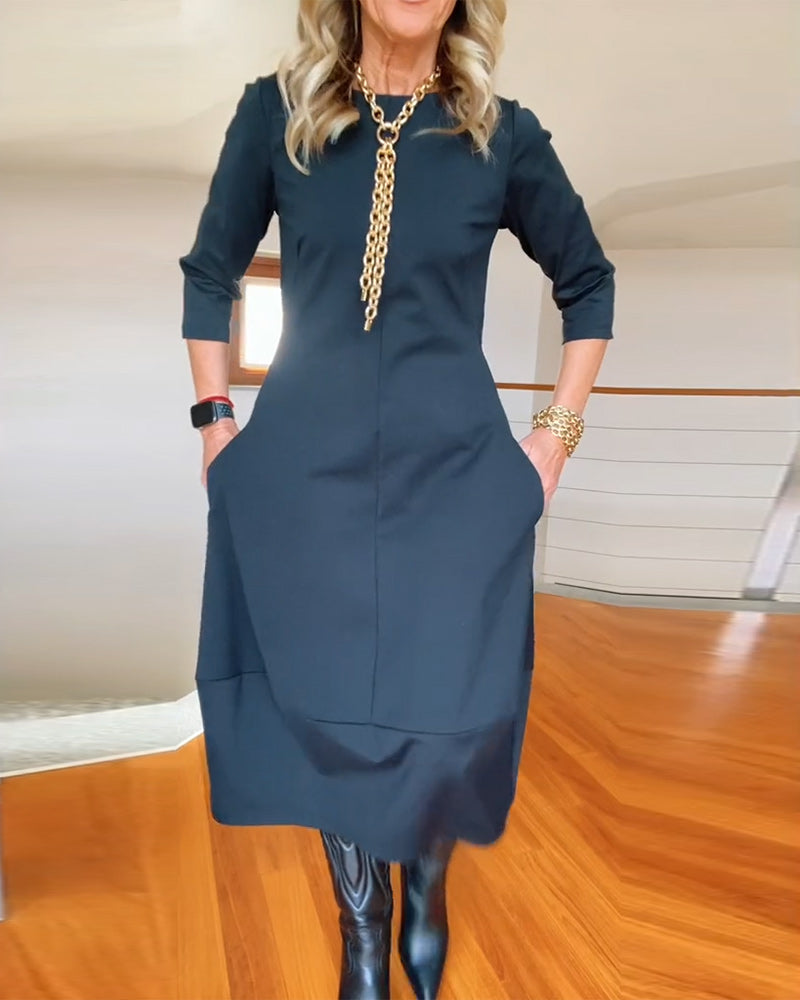 Vestido midi elegante para mujer: estilo minimalista de trabajo con mangas 3/4