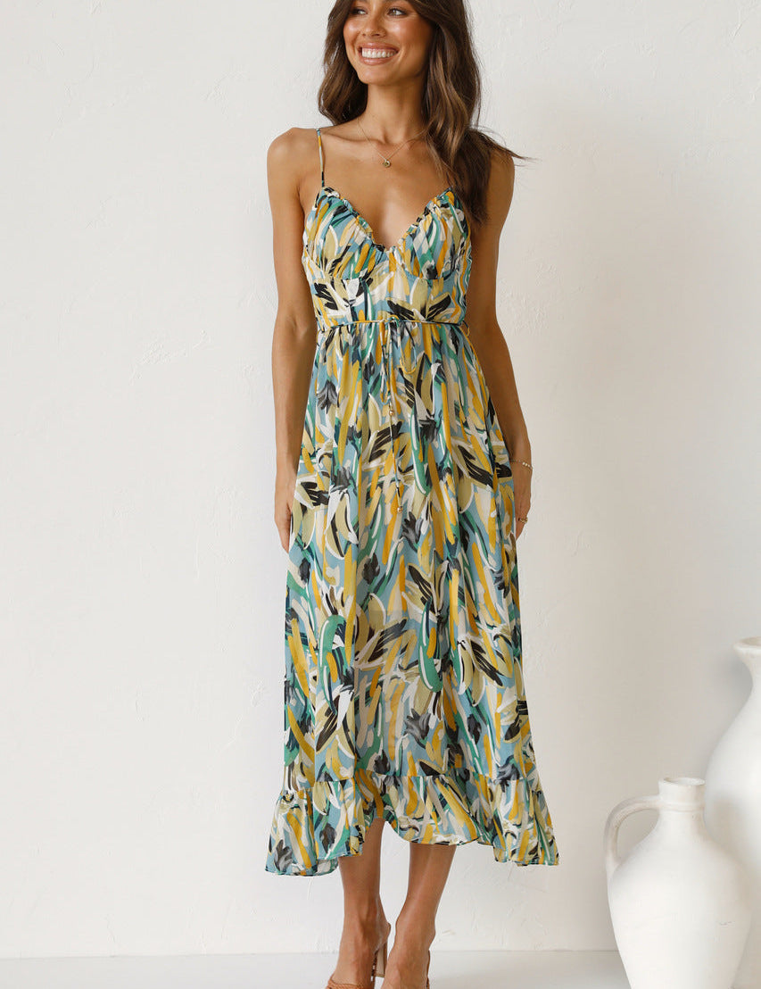 Vestido midi floral con escote en V y volantes para mujer