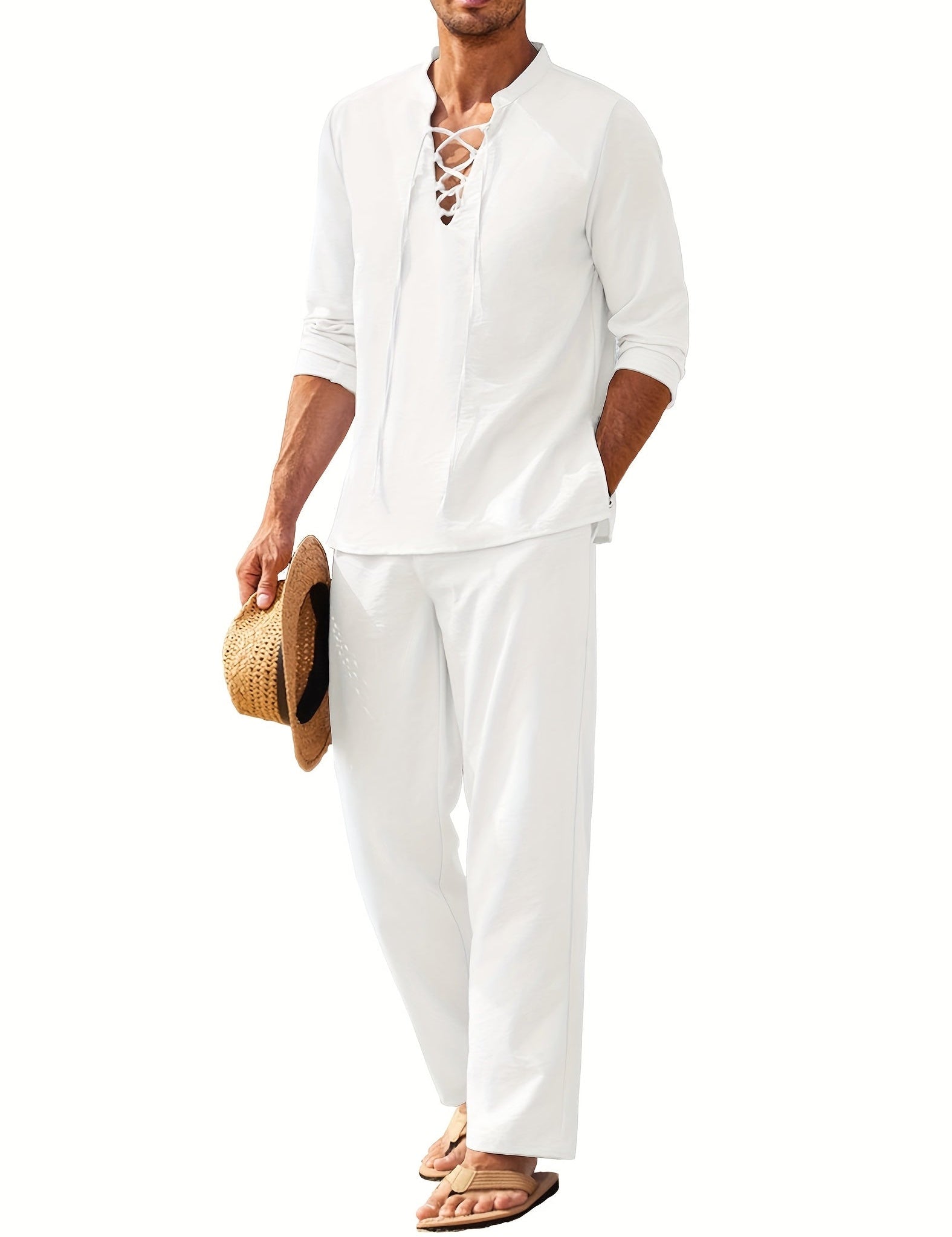 Conjunto de dos piezas de camisa de manga larga con cordones y pantalones holgados para hombre