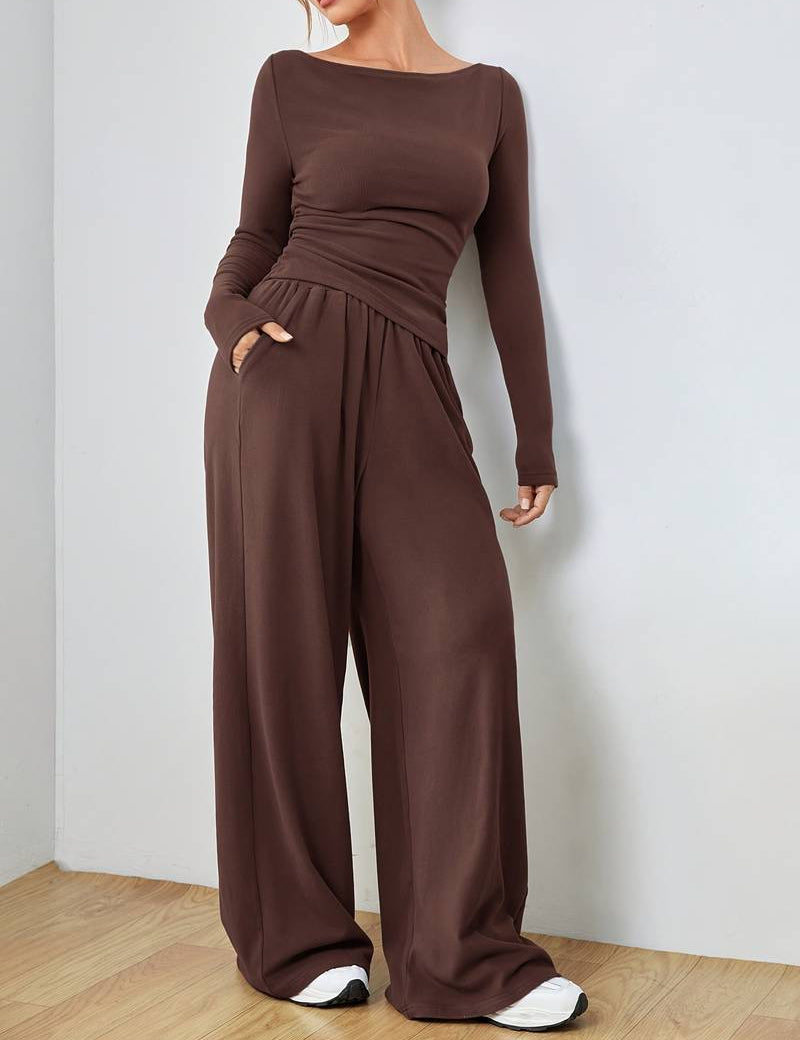 Conjunto informal de camisa de manga larga y pantalón ancho para mujer