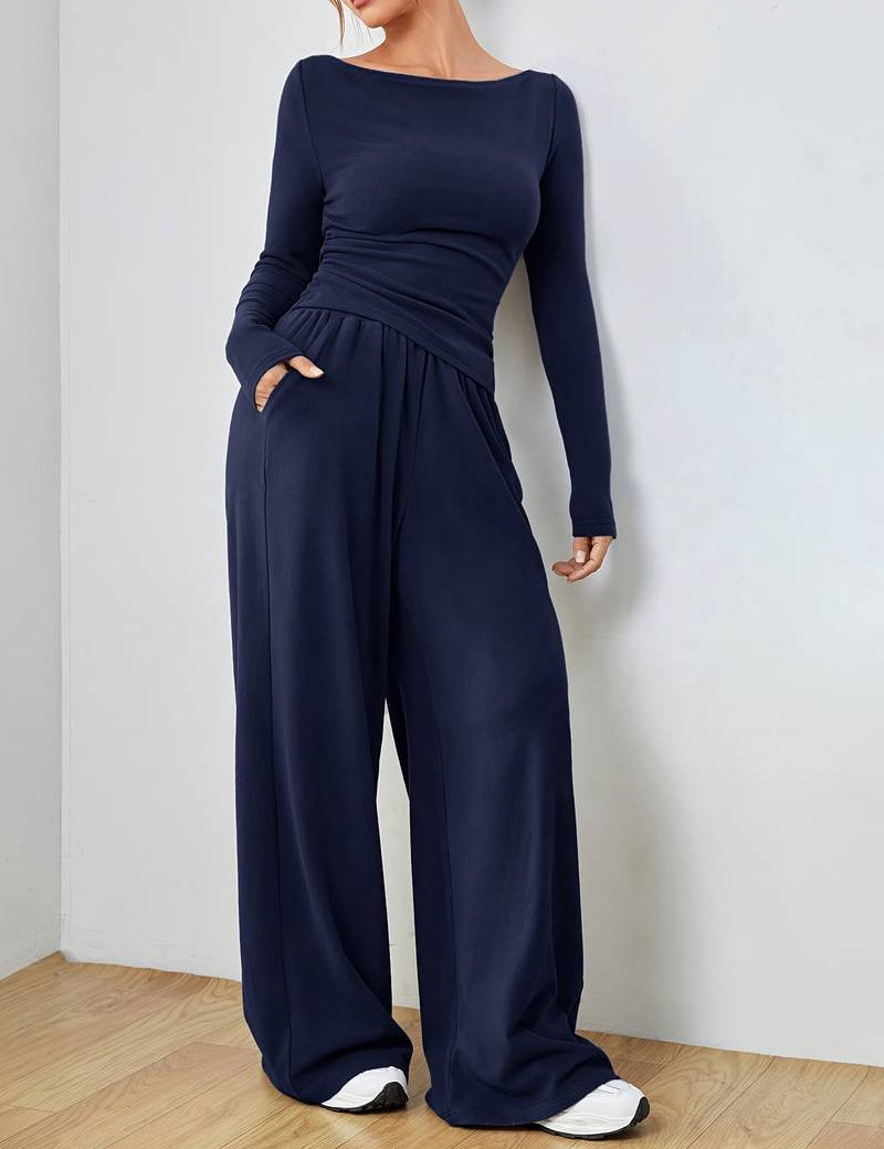 Conjunto informal de camisa de manga larga y pantalón ancho para mujer