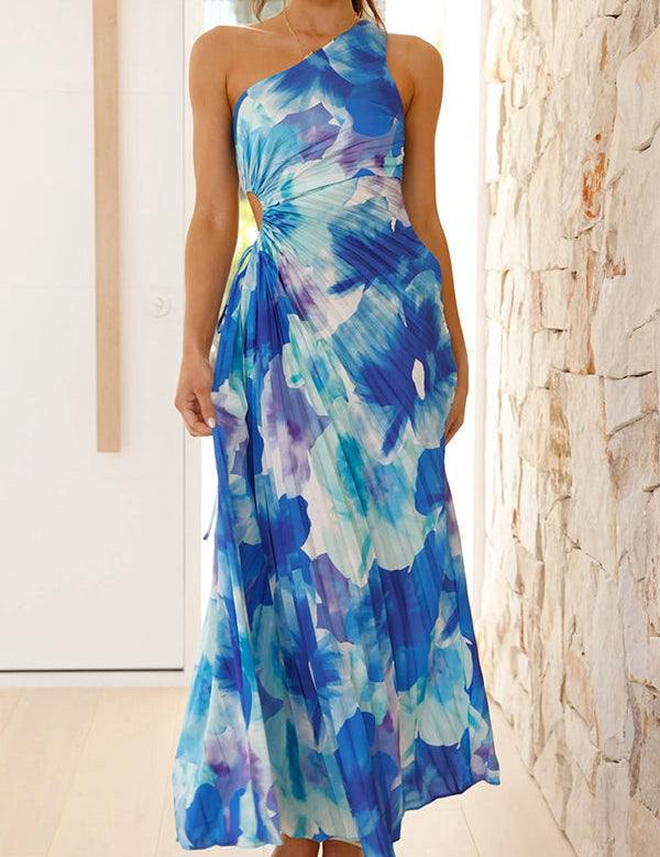 Vestido largo plisado de un solo hombro para mujer con estampado floral