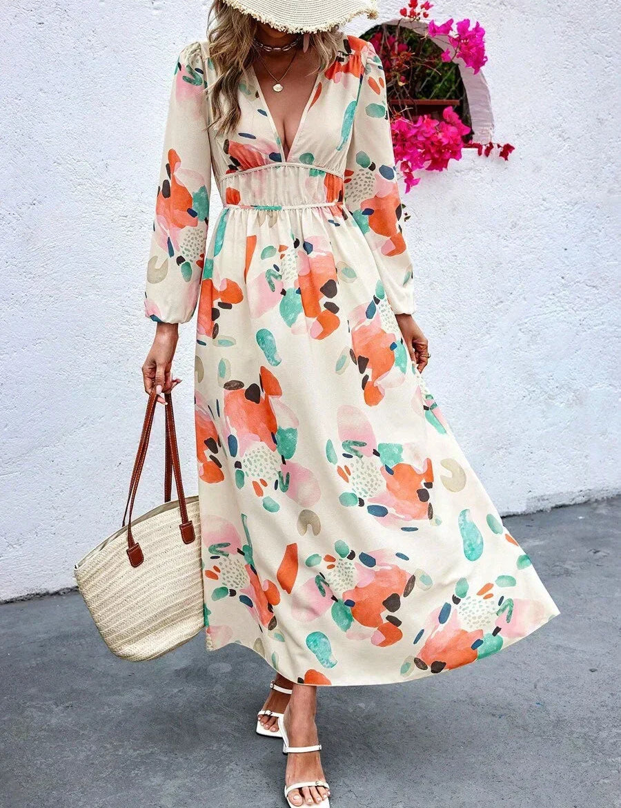 Vestido largo de mujer con cuello en V, manga larga, cintura ceñida y estampado