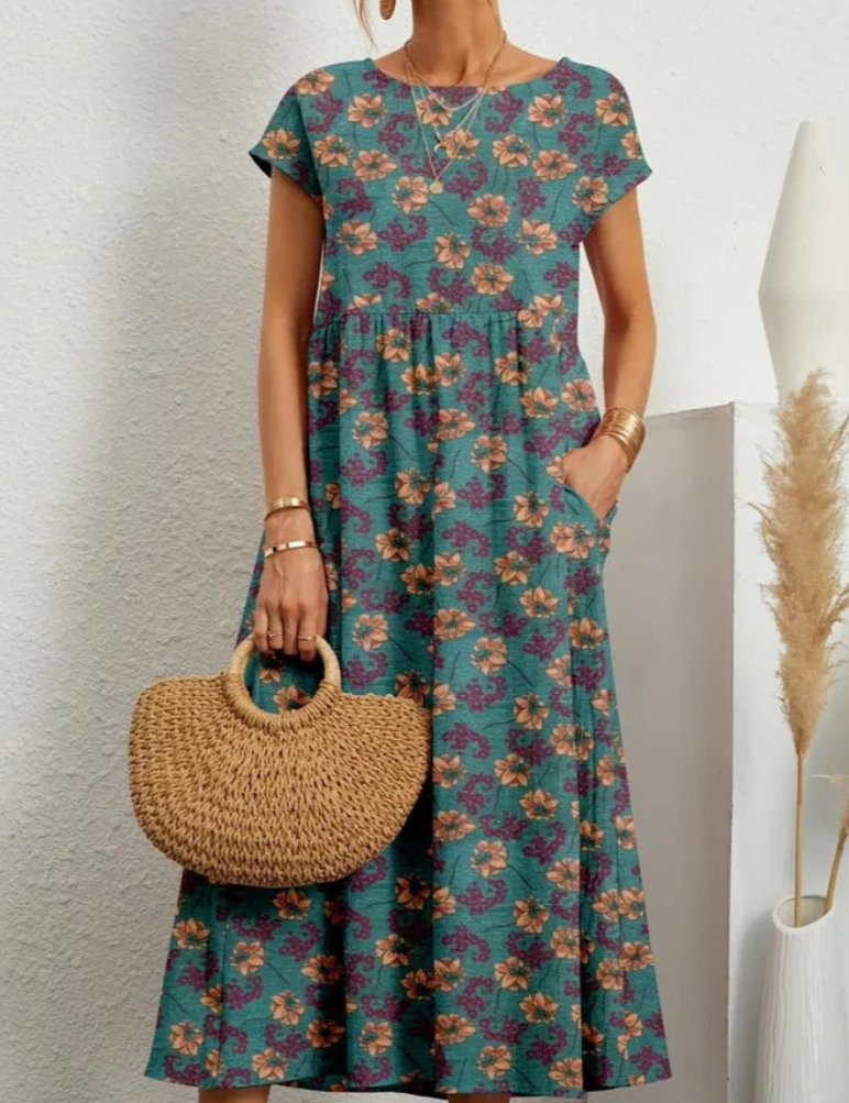 Vestido largo bohemio floral para mujer con mangas cortas y bolsillos laterales