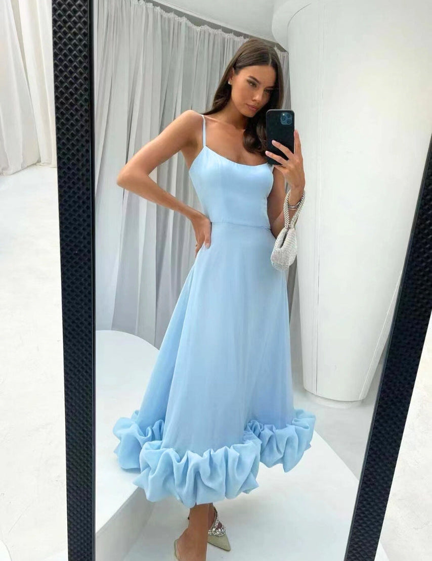 Vestido largo elegante y fluido para mujer con dobladillo con volantes