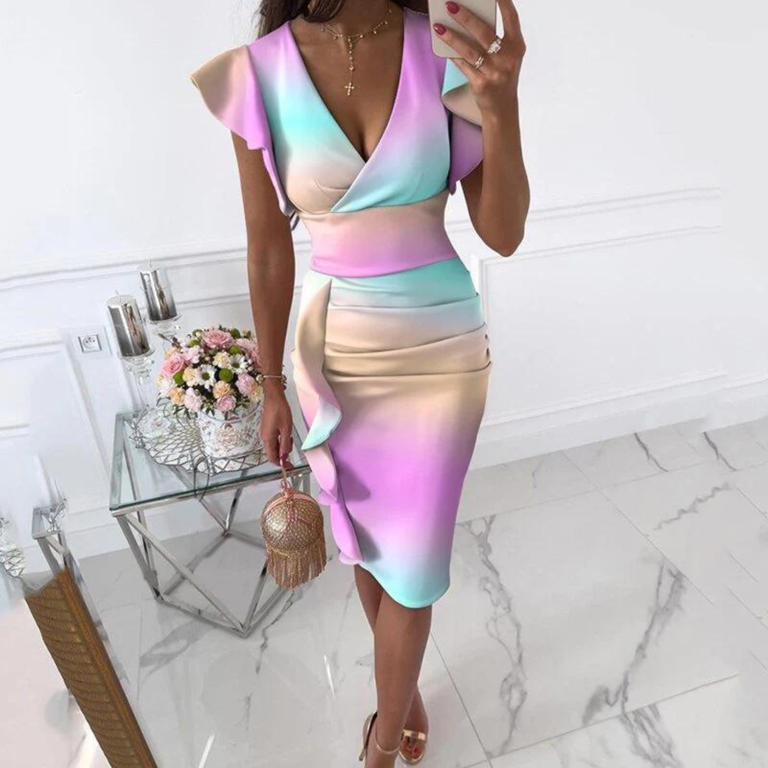 Vestido midi floral con escote en V para mujer, mangas con volantes y drapeado