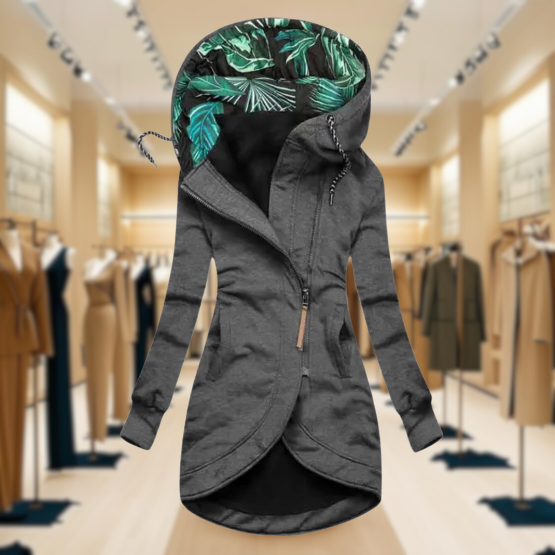 Chaqueta ligera impermeable para mujer con capucha y cremallera asimétrica