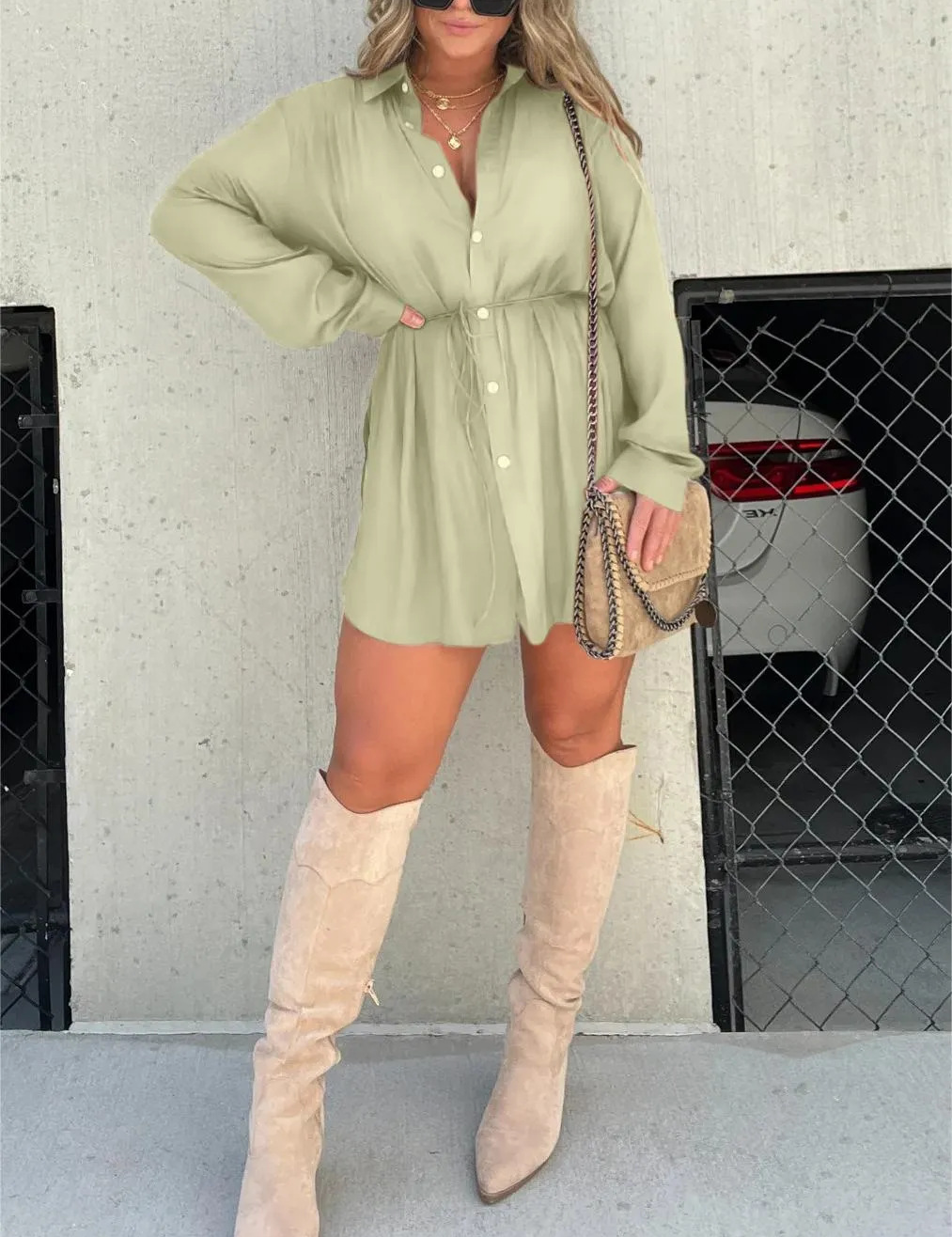 Women's Button-Down Mini Dress with Tie Waist and Long Sleeves