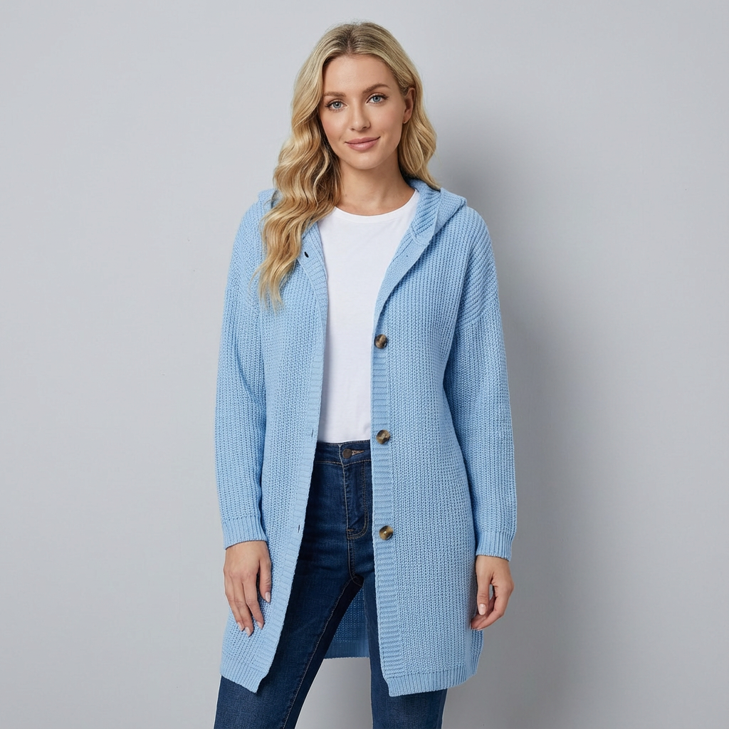 Cárdigan largo de punto con capucha y botones en la parte delantera para mujer